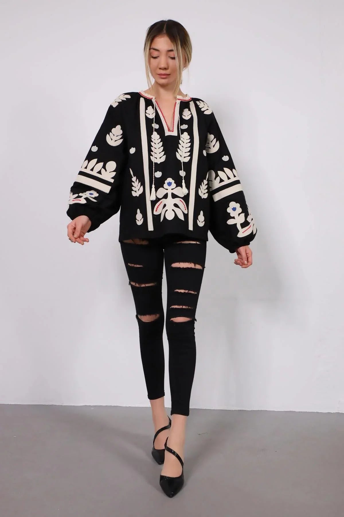 Black Ethnic Embroidered Cotton Vyshyvanka