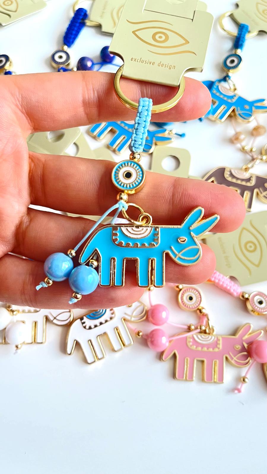 Light Blue Donkey Design Gold Evil Eye Keychain