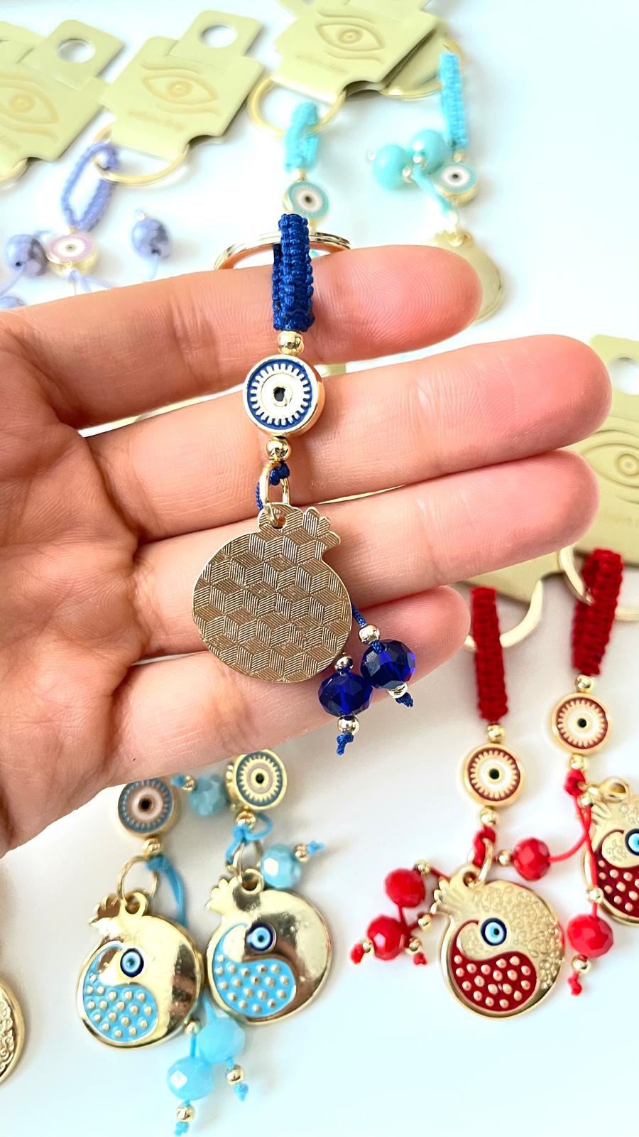 Dark Blue Pomegranate Abundance Design Gold Evil Eye Keychain