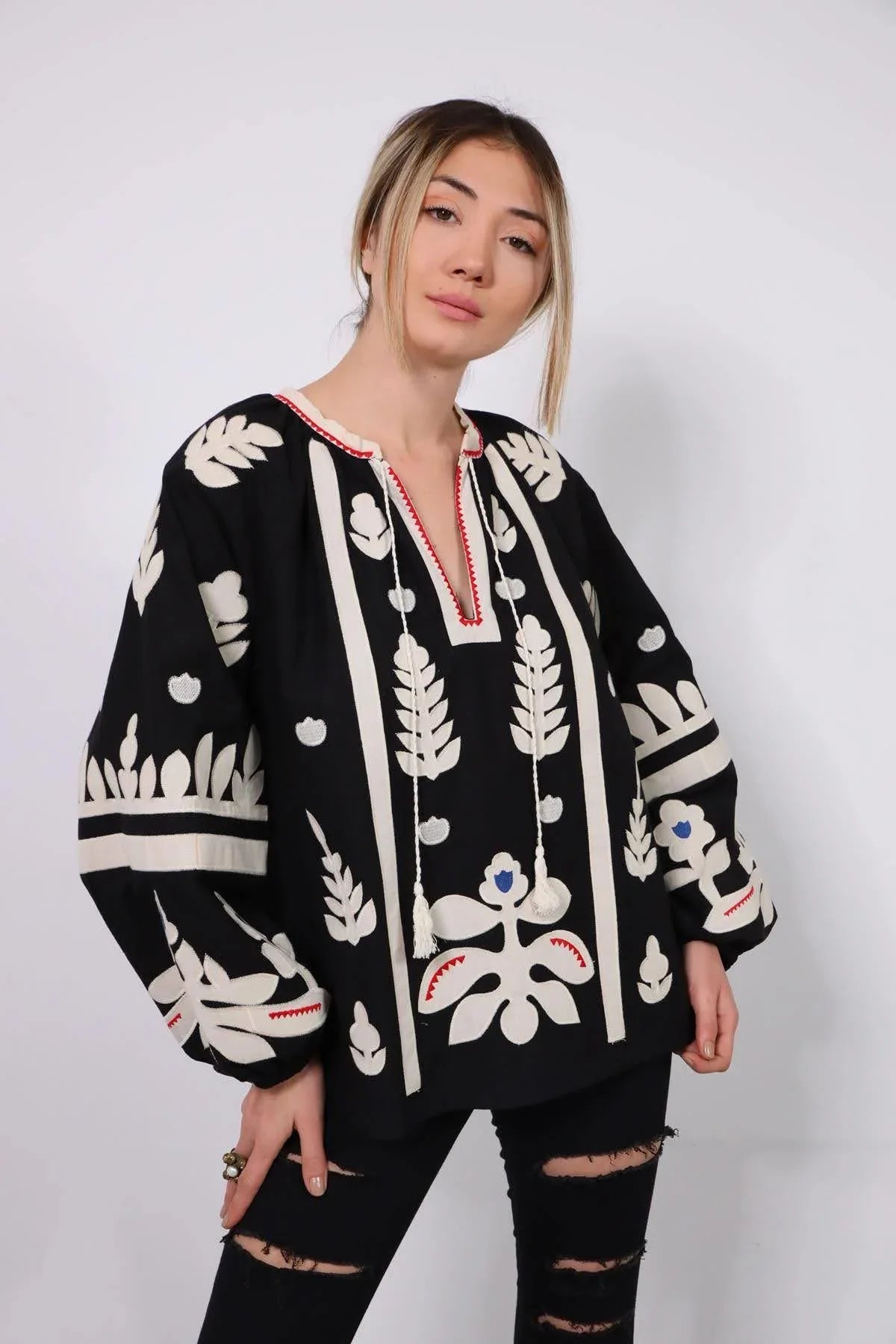 Black Ethnic Embroidered Cotton Vyshyvanka