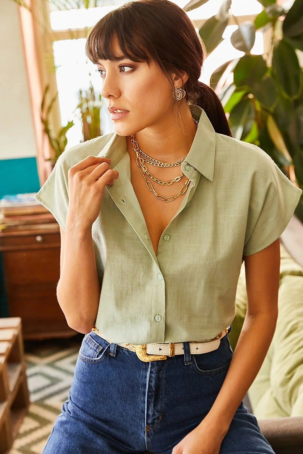 Sofia Soft Green Linen Blend Button Down Short Sleeve Shirt