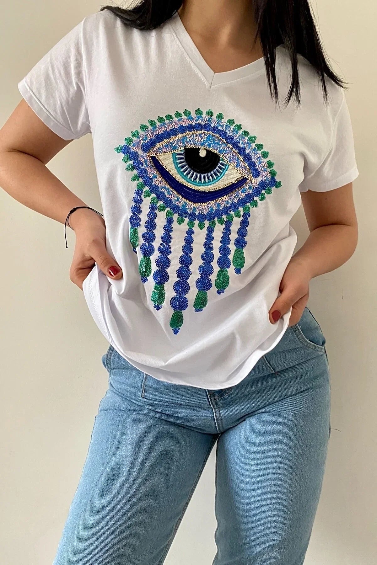 Boze Oog Pailletten Katoenen T-shirt - Wit