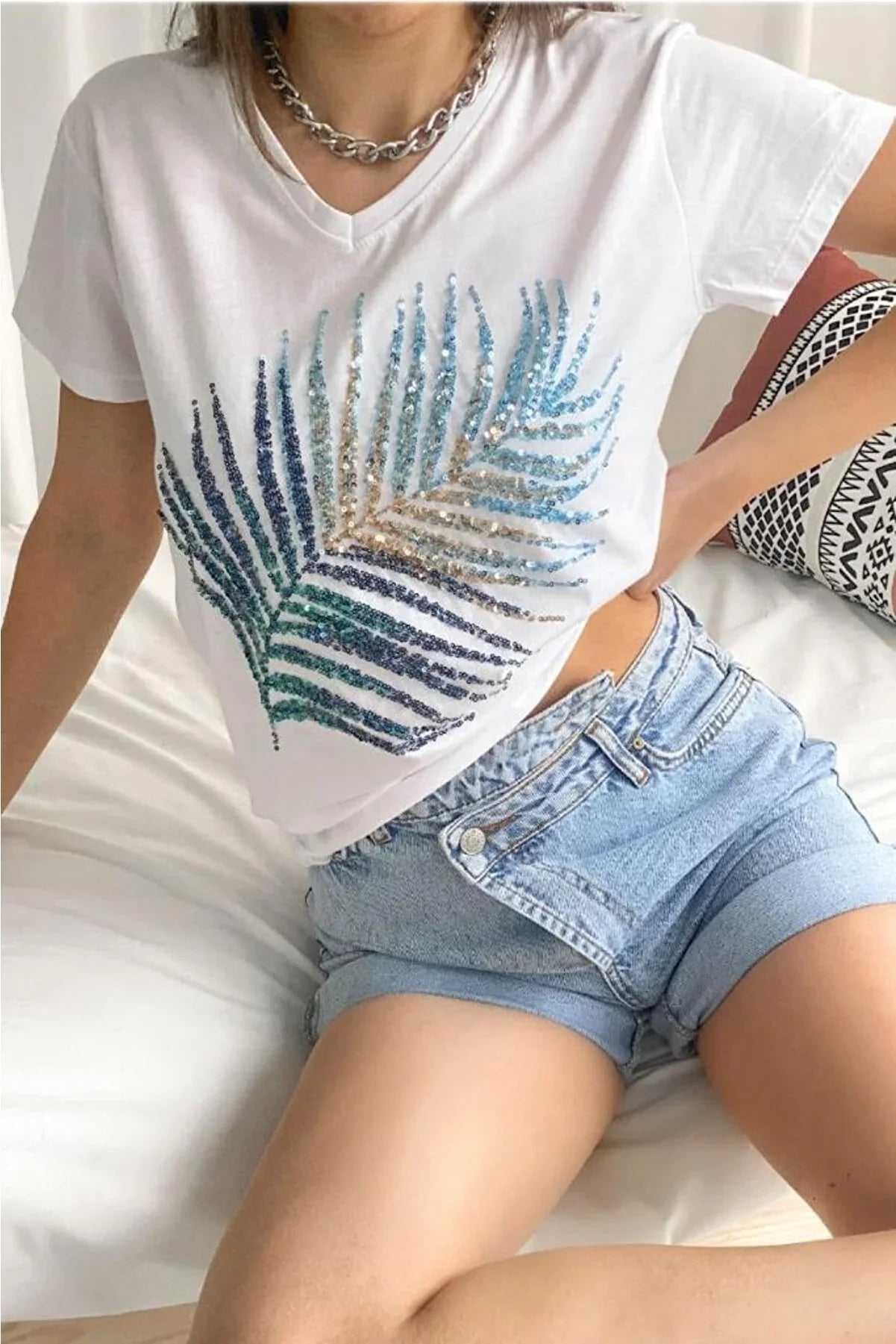 Katoenen T-shirt met pailletten en palmbladeren