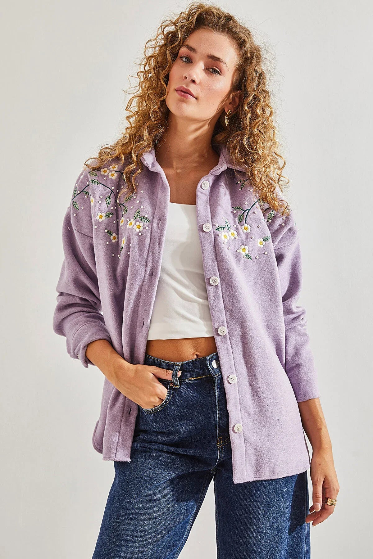 Lavender Cotton Daisy Embroidered Shaket