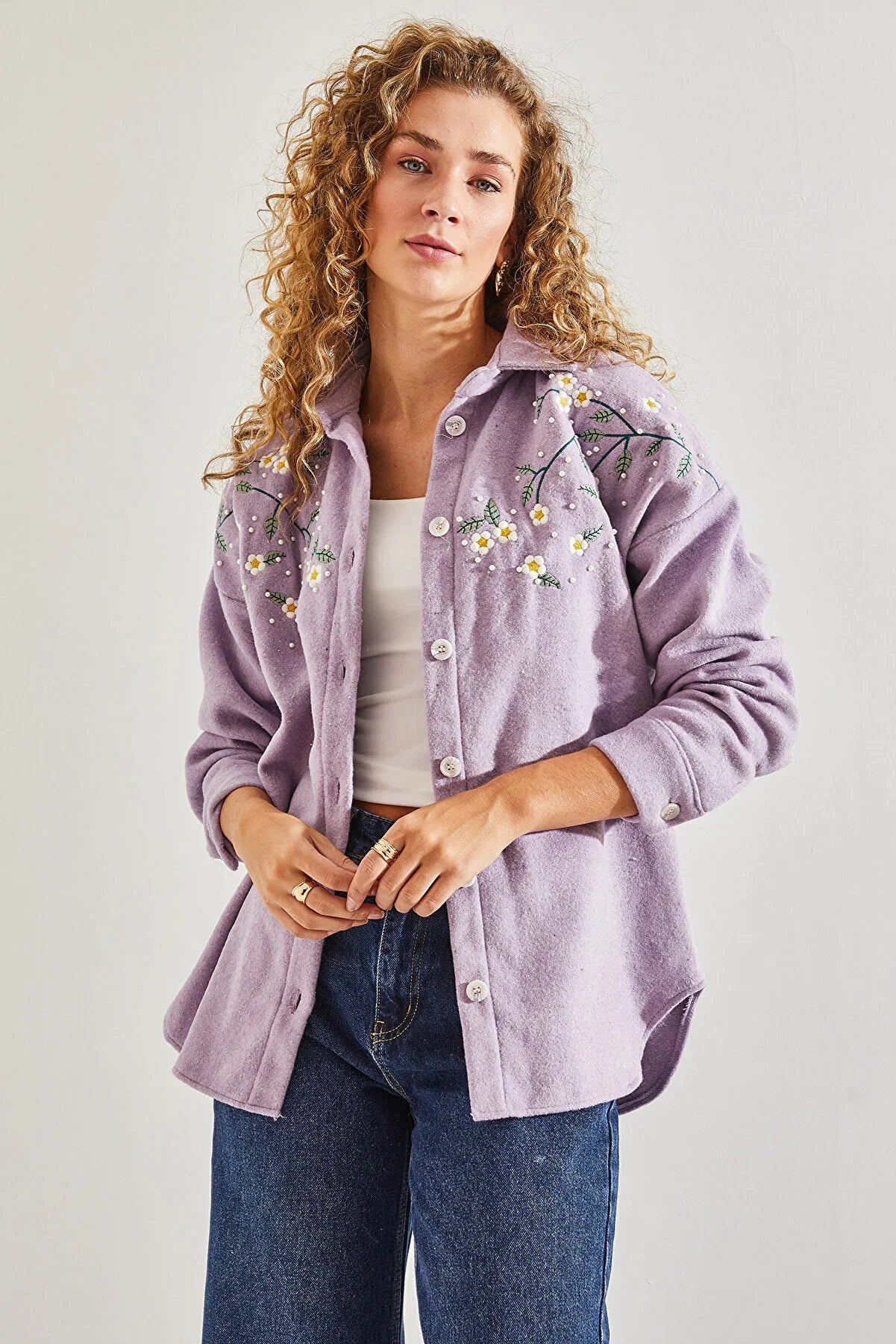 Lavender Cotton Daisy Embroidered Shaket