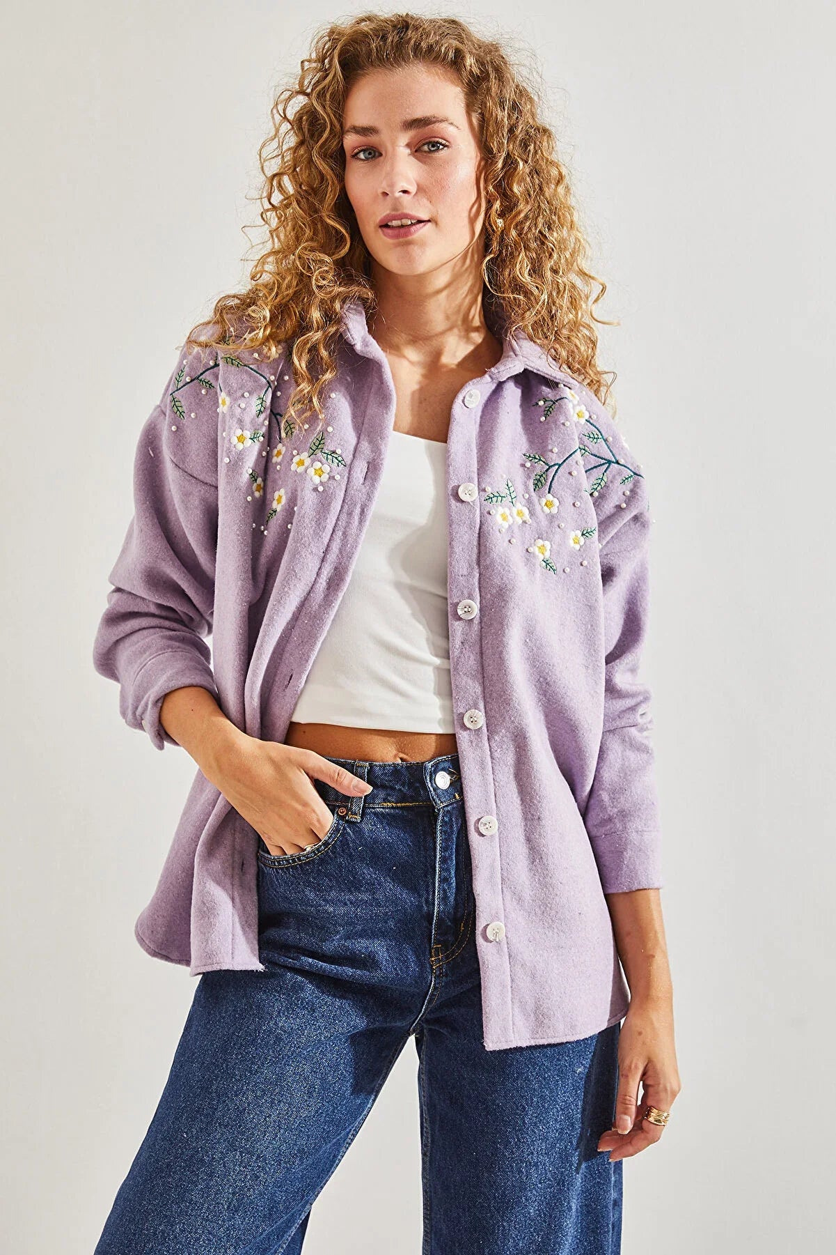 Lavender Cotton Daisy Embroidered Shaket