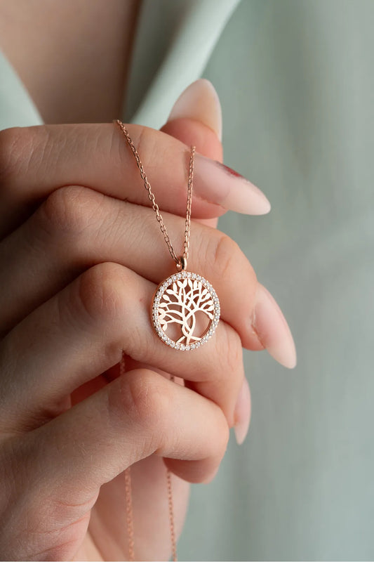 925 Sterling Silver Rose Plated Tree of Life Necklace
