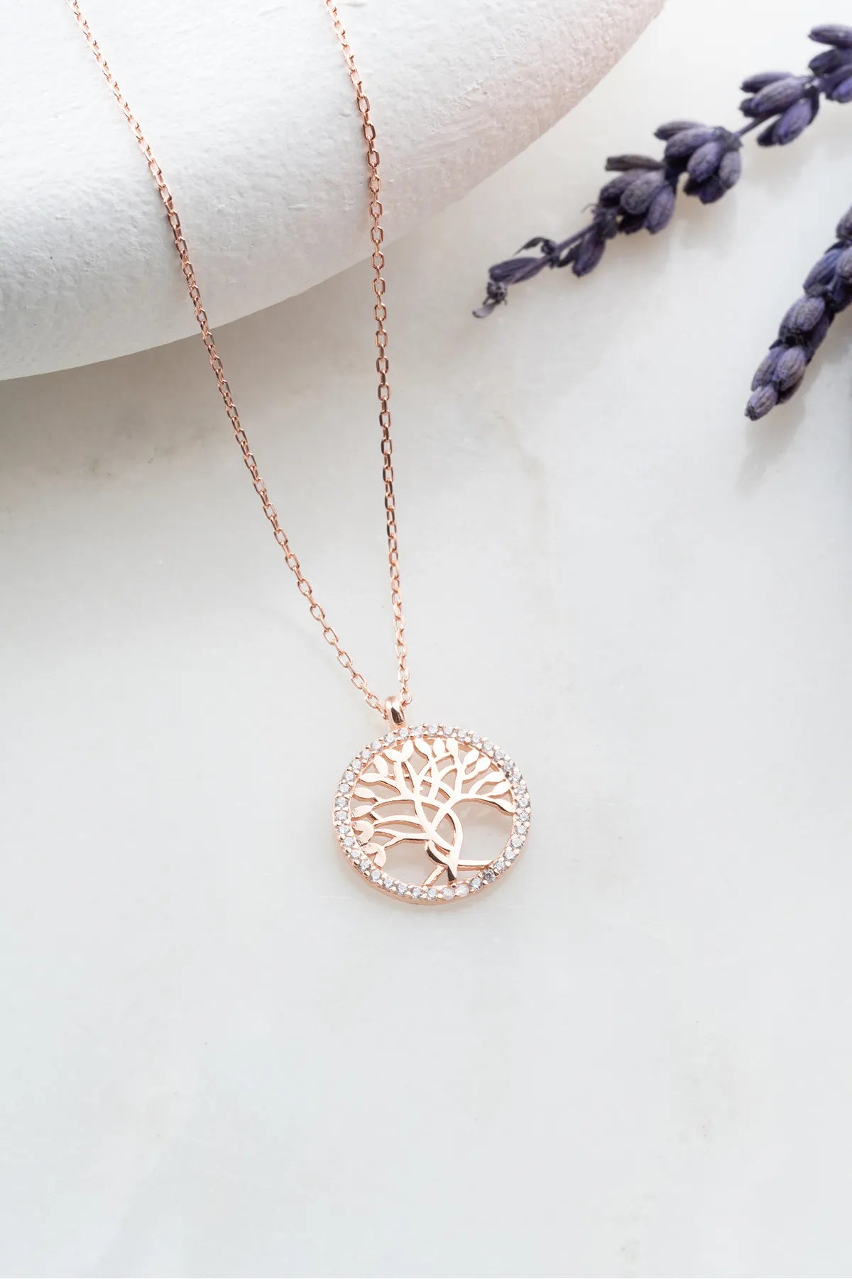 925 Sterling Silver Rose Plated Tree of Life Necklace