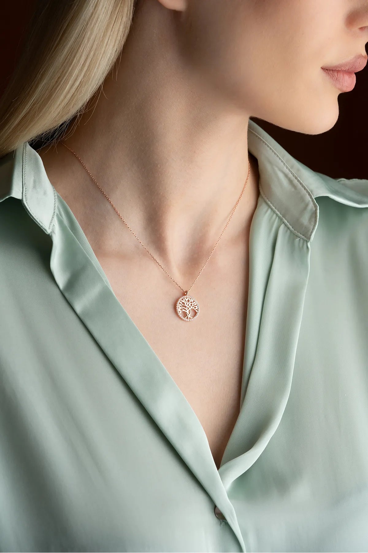 925 Sterling Silver Rose Plated Tree of Life Necklace