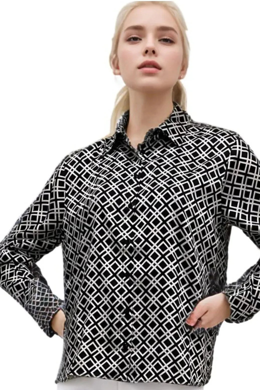 Black White Satin Button-Down Shirt