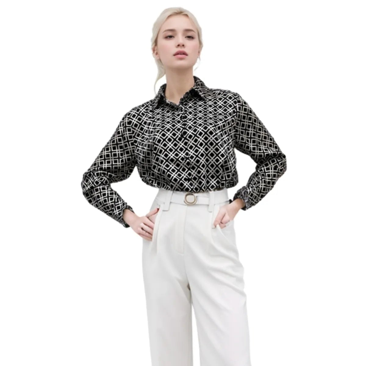 Zwart-wit satijnen overhemd met knoopjes