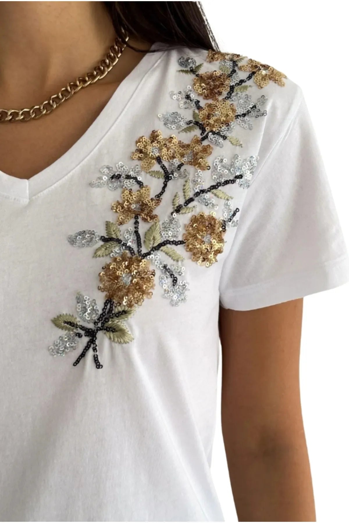 Gouden katoenen T-shirt met korte mouwen en bloemenborduursel - wit