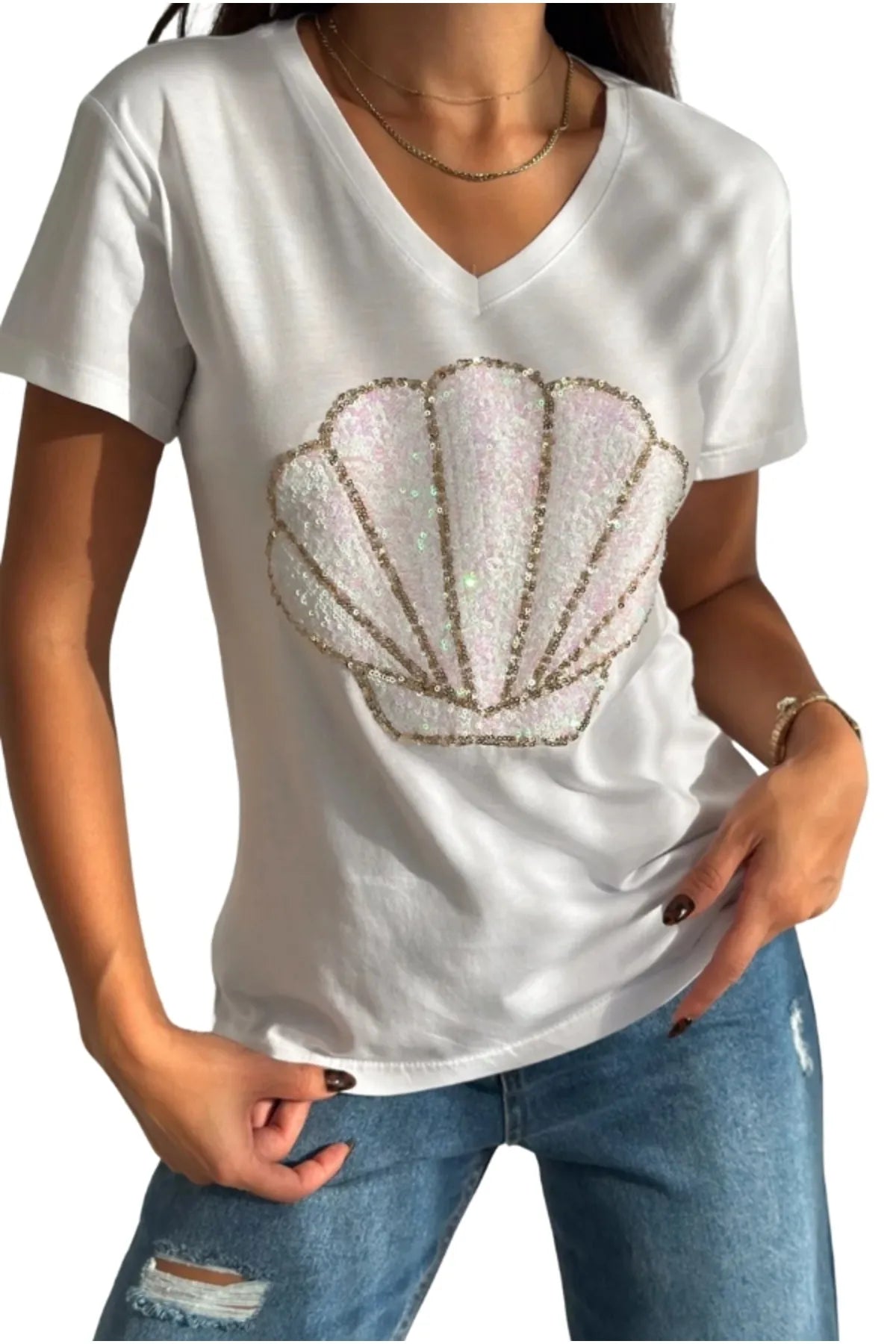 Sea Shell Sequin Cotton Short Sleeve T-Shirt - White