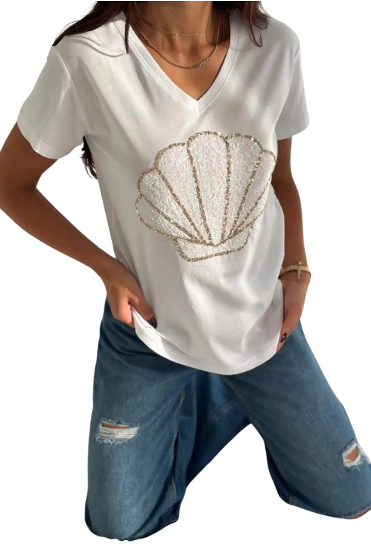 Sea Shell Sequin Cotton Short Sleeve T-Shirt - White