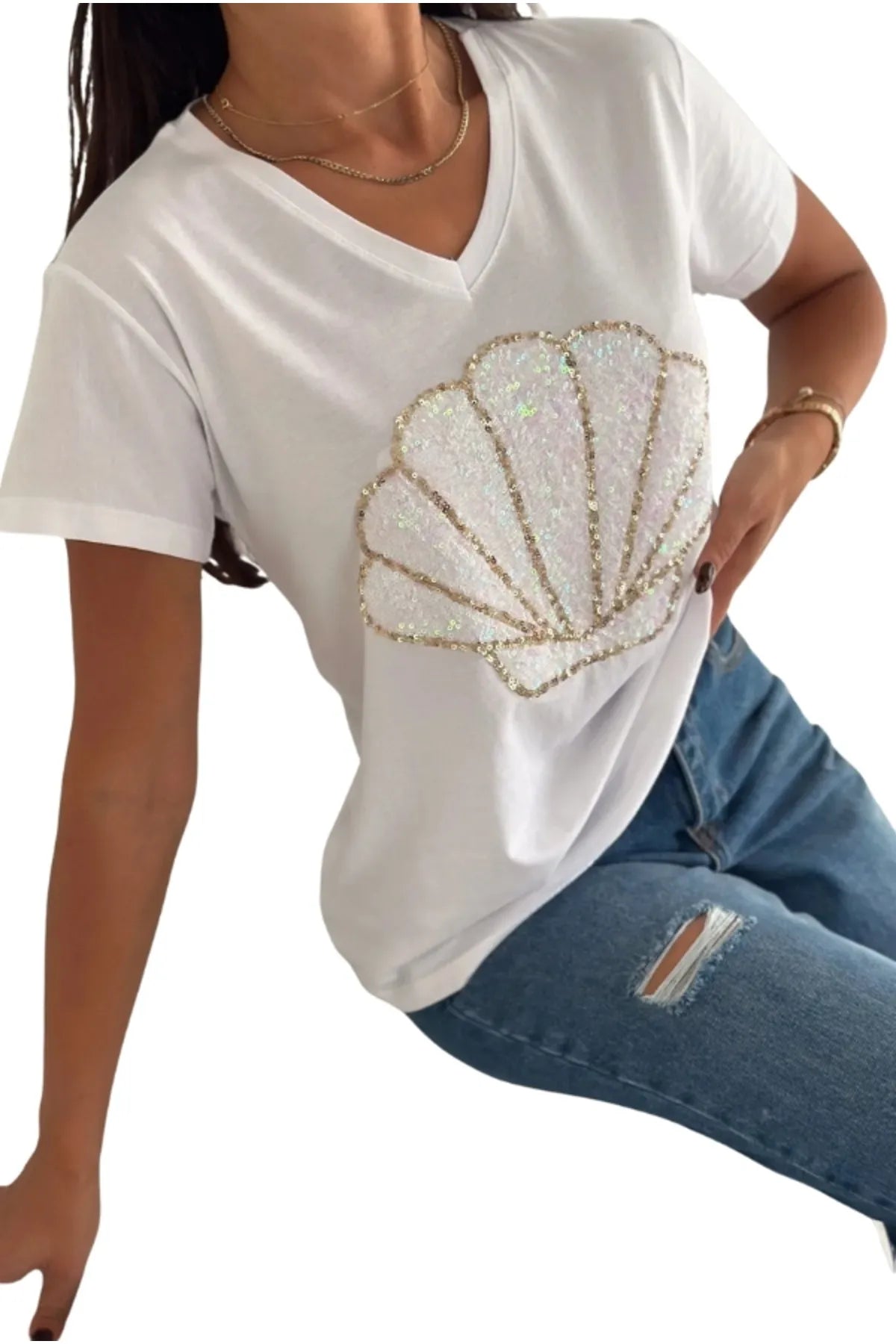 Sea Shell Sequin Cotton Short Sleeve T-Shirt - White