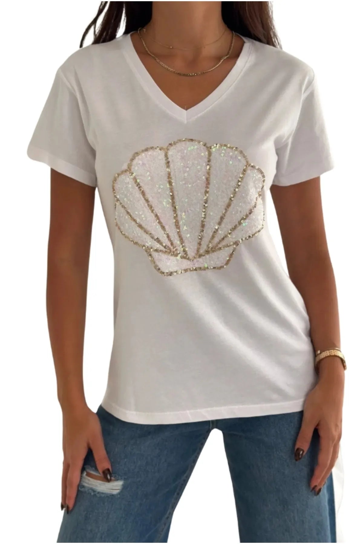 Sea Shell Sequin Cotton Short Sleeve T-Shirt - White