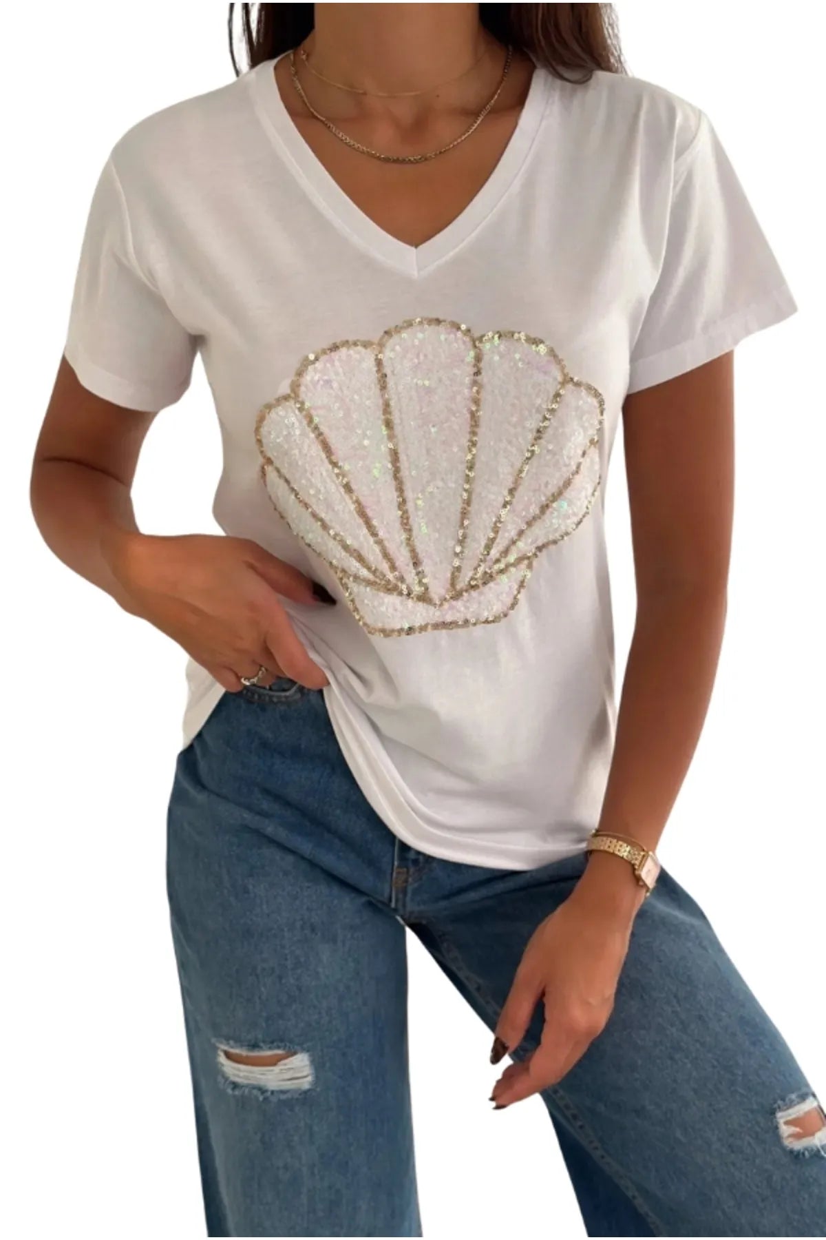 Sea Shell Sequin Cotton Short Sleeve T-Shirt - White