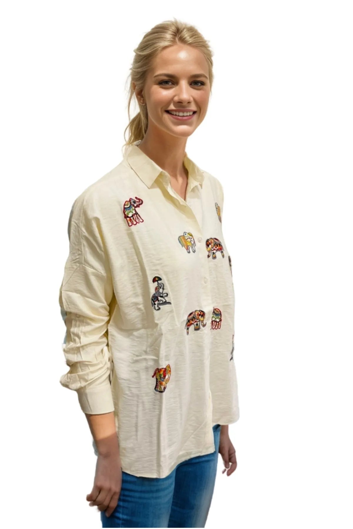 Cream Elephant Embroidered Linen Blouse