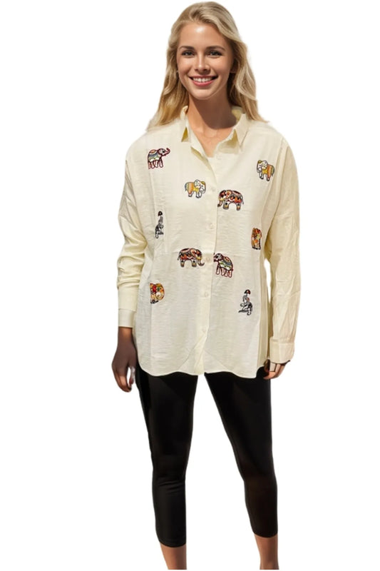 Cream Elephant Embroidered Linen Blouse
