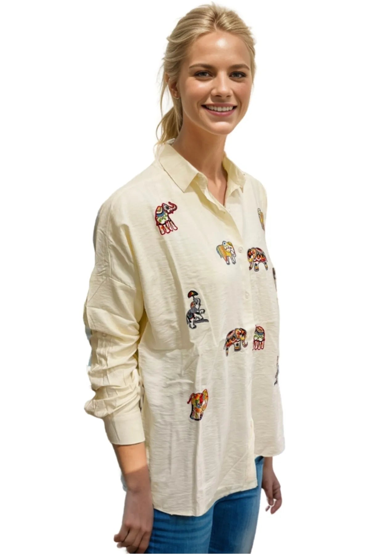Cream Elephant Embroidered Linen Blouse