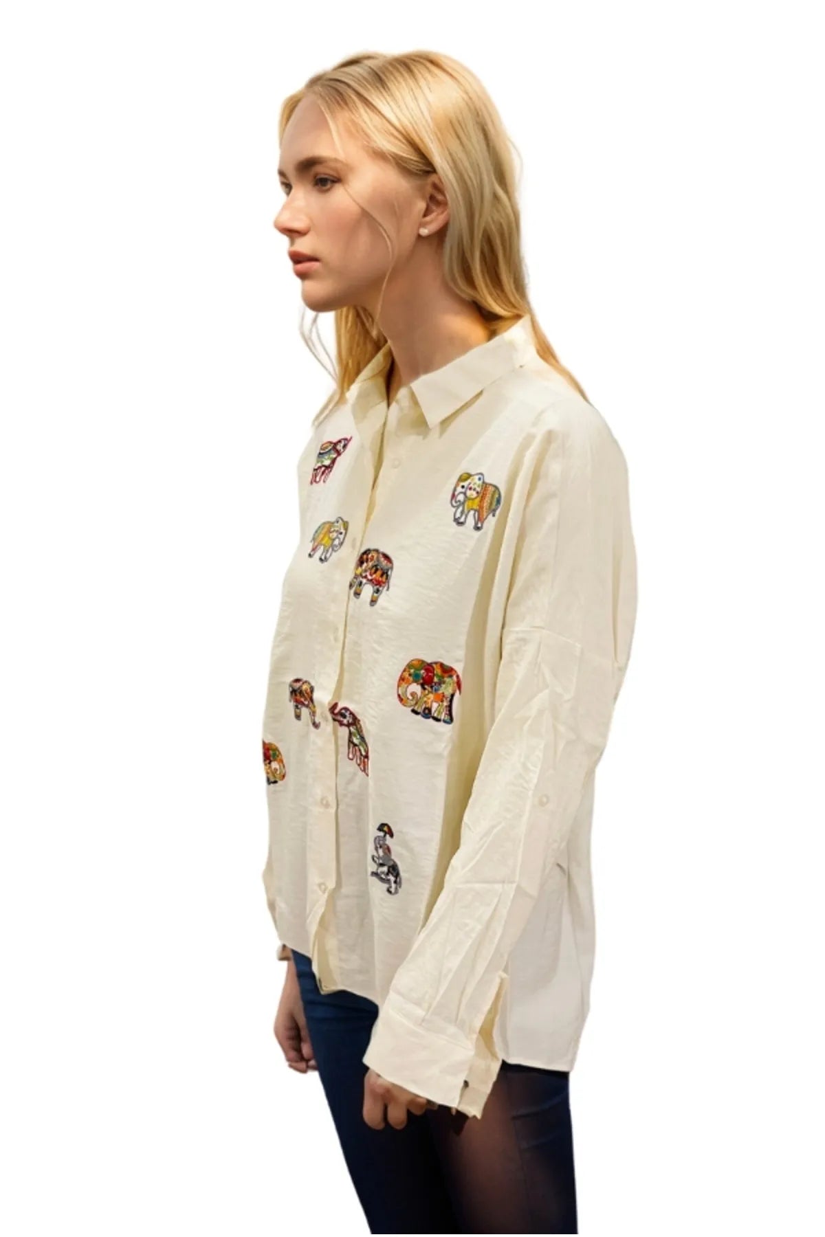 Cream Elephant Embroidered Linen Blouse