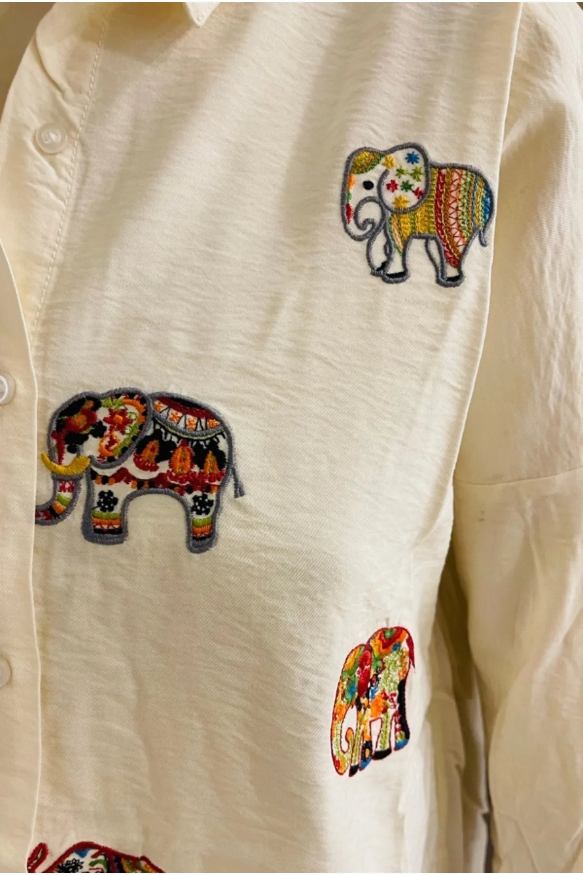 Cream Elephant Embroidered Linen Blouse