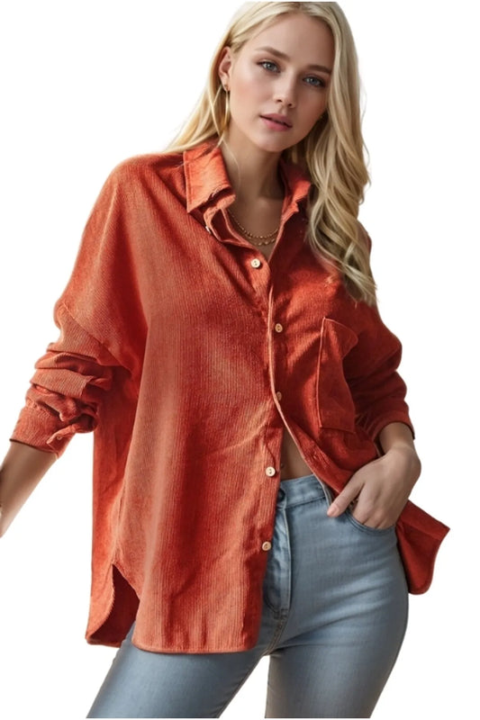 Brick Color Velvet Button Down Shirt