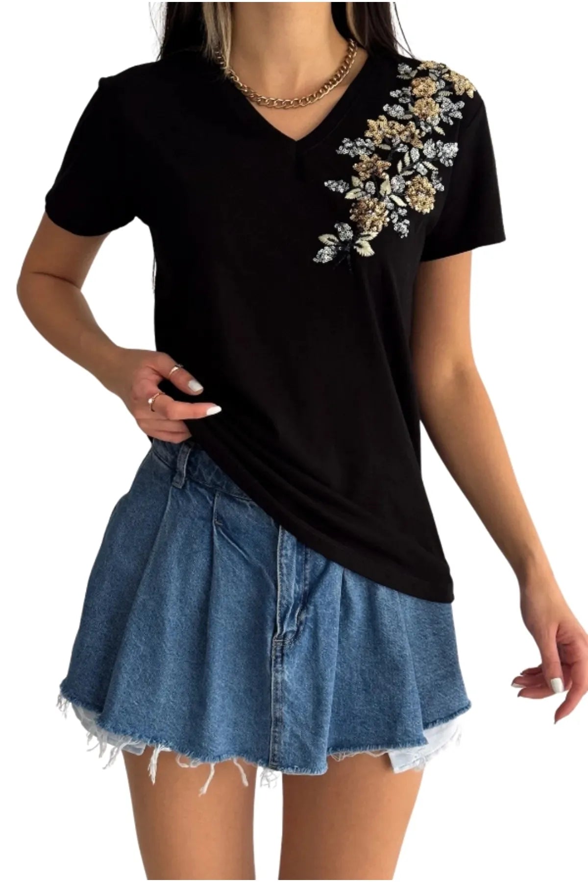 Gold Floral Embroidered Cotton Short Sleeve T-Shirt - Black