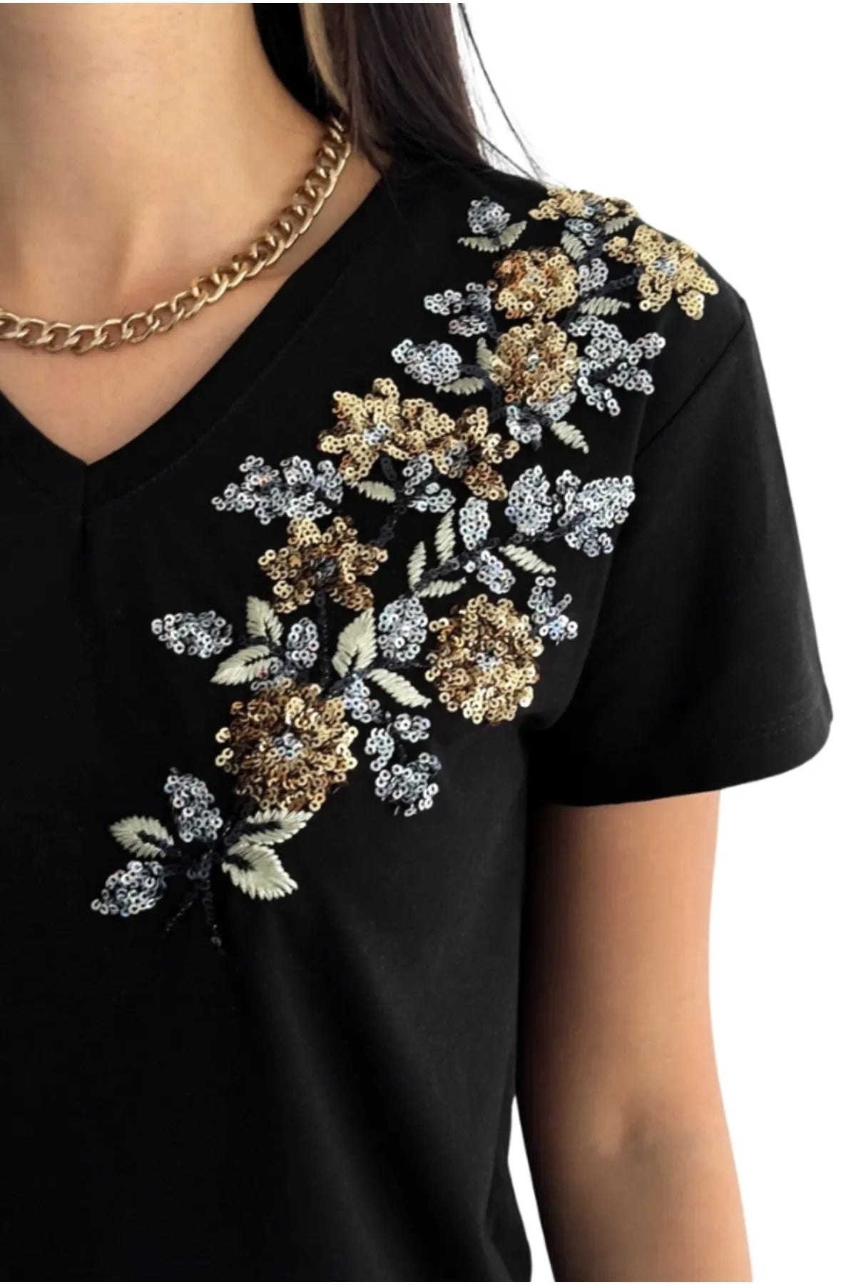 Gold Floral Embroidered Cotton Short Sleeve T-Shirt - Black