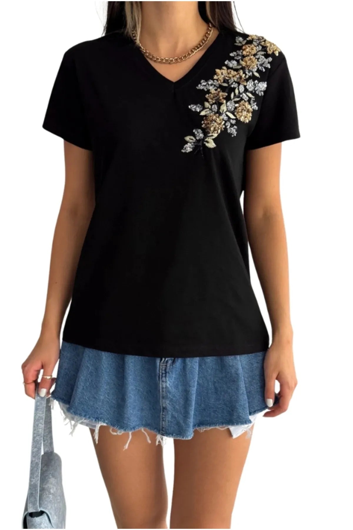 Gold Floral Embroidered Cotton Short Sleeve T-Shirt - Black