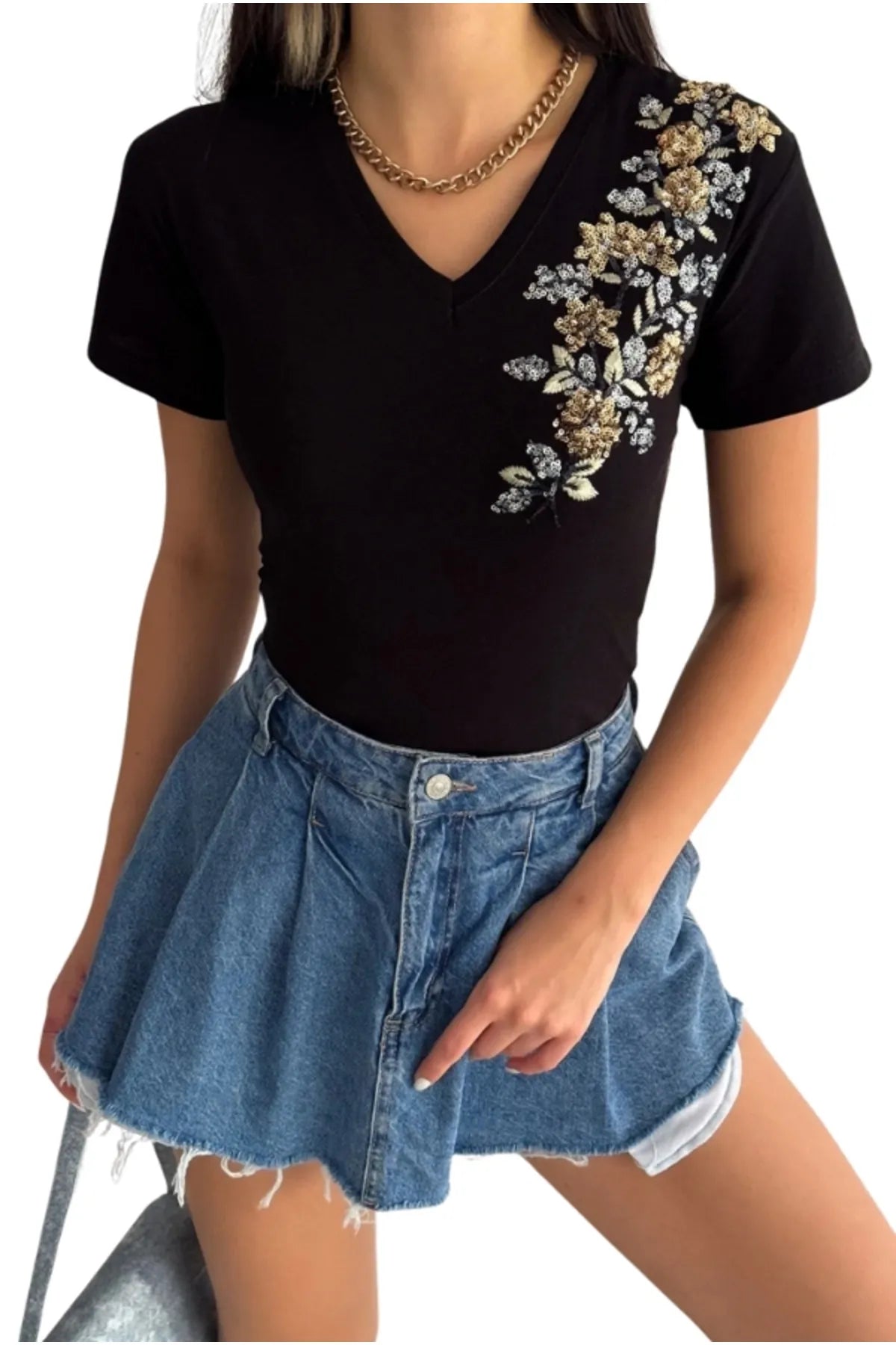 Gold Floral Embroidered Cotton Short Sleeve T-Shirt - Black