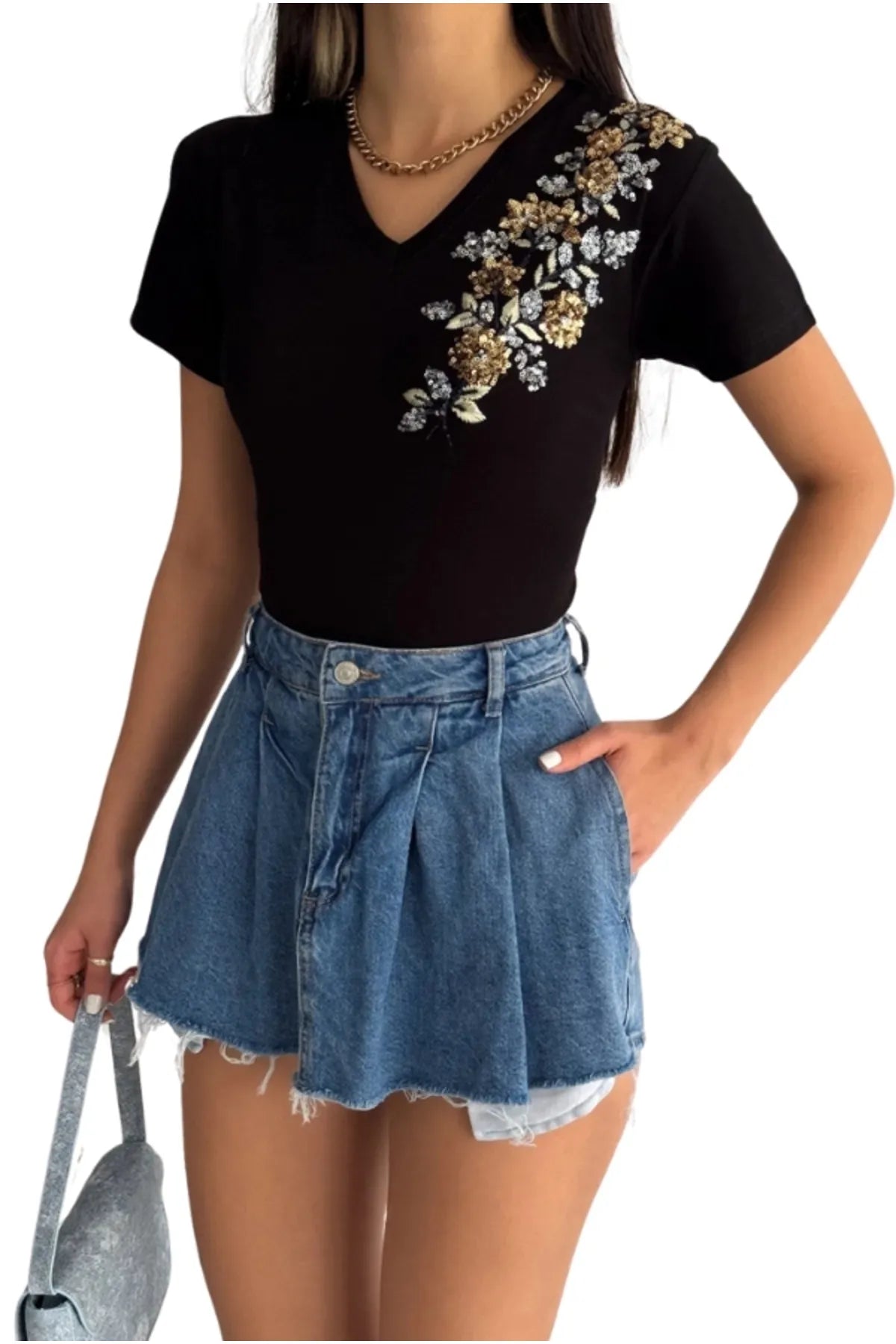 Gold Floral Embroidered Cotton Short Sleeve T-Shirt - Black