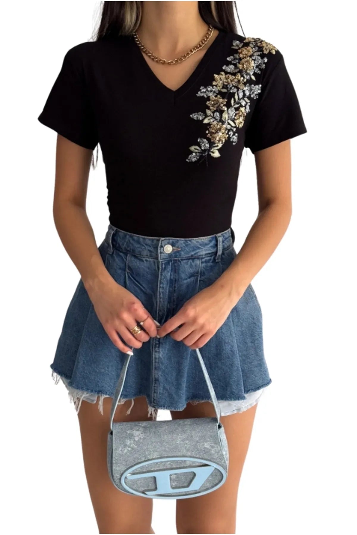 Gold Floral Embroidered Cotton Short Sleeve T-Shirt - Black