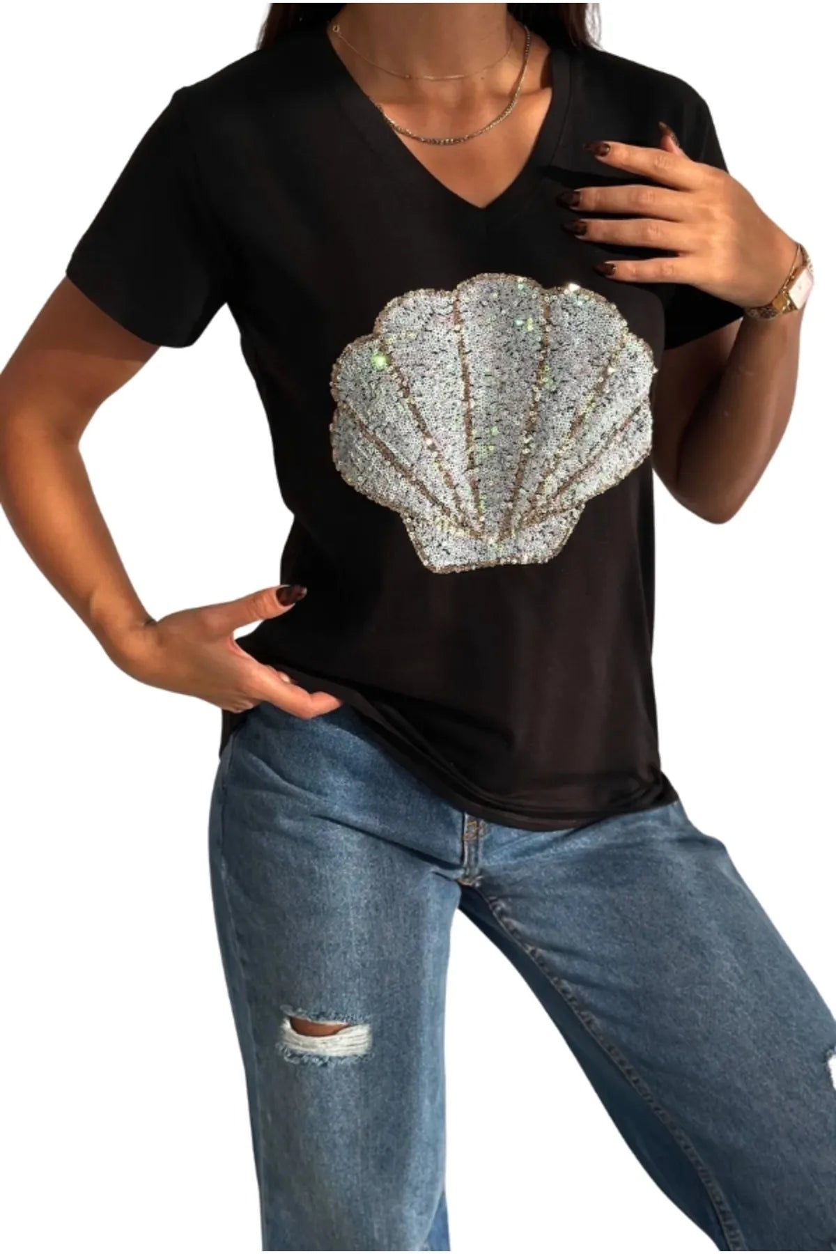 T-shirt met korte mouwen en schelpen van katoen - zwart