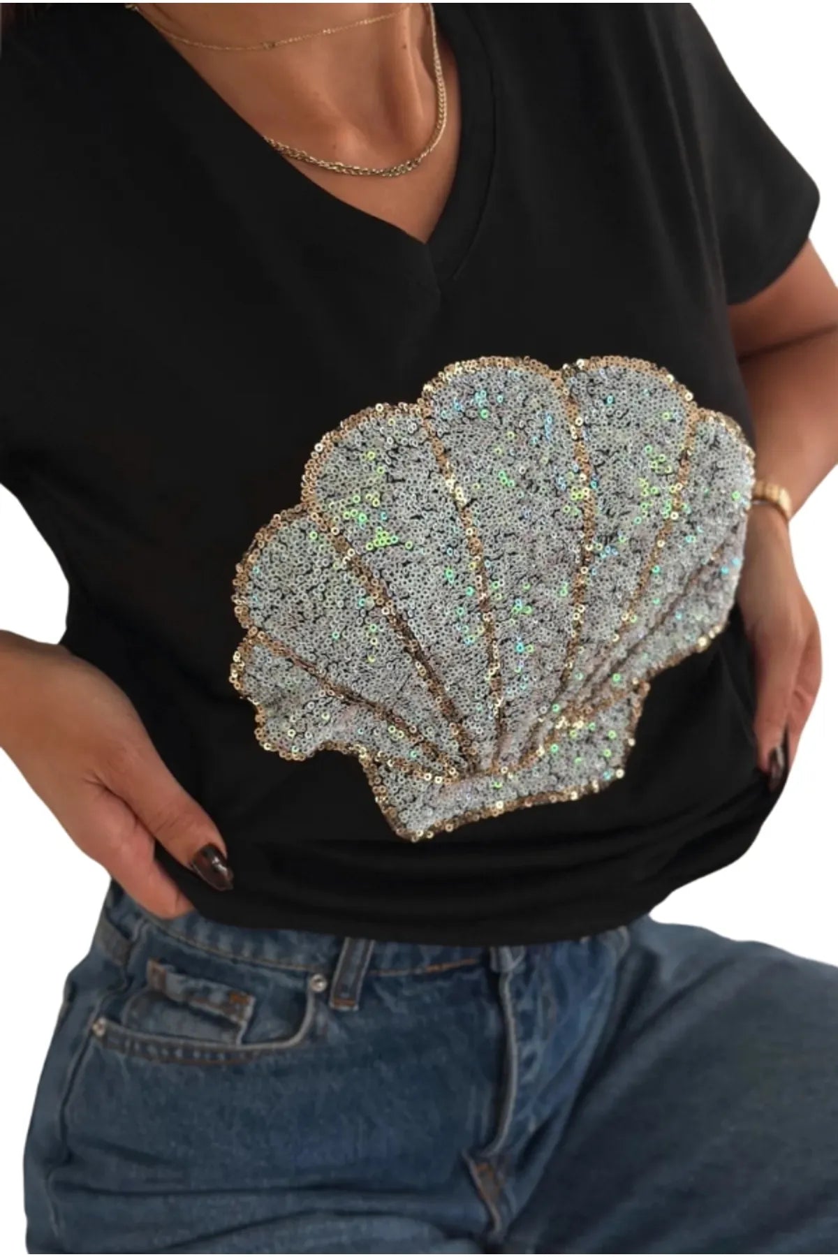 T-shirt met korte mouwen en schelpen van katoen - zwart