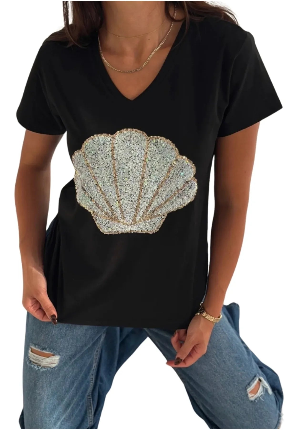 T-shirt met korte mouwen en schelpen van katoen - zwart