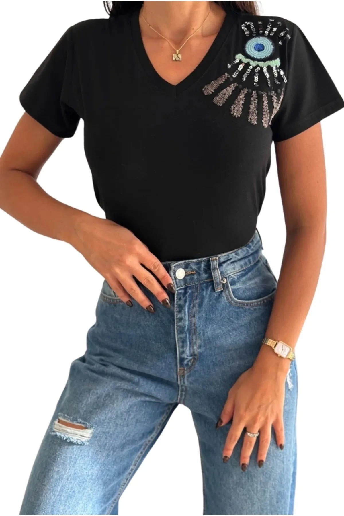 Tilda Evil Eye Sequin T-Shirt - Black
