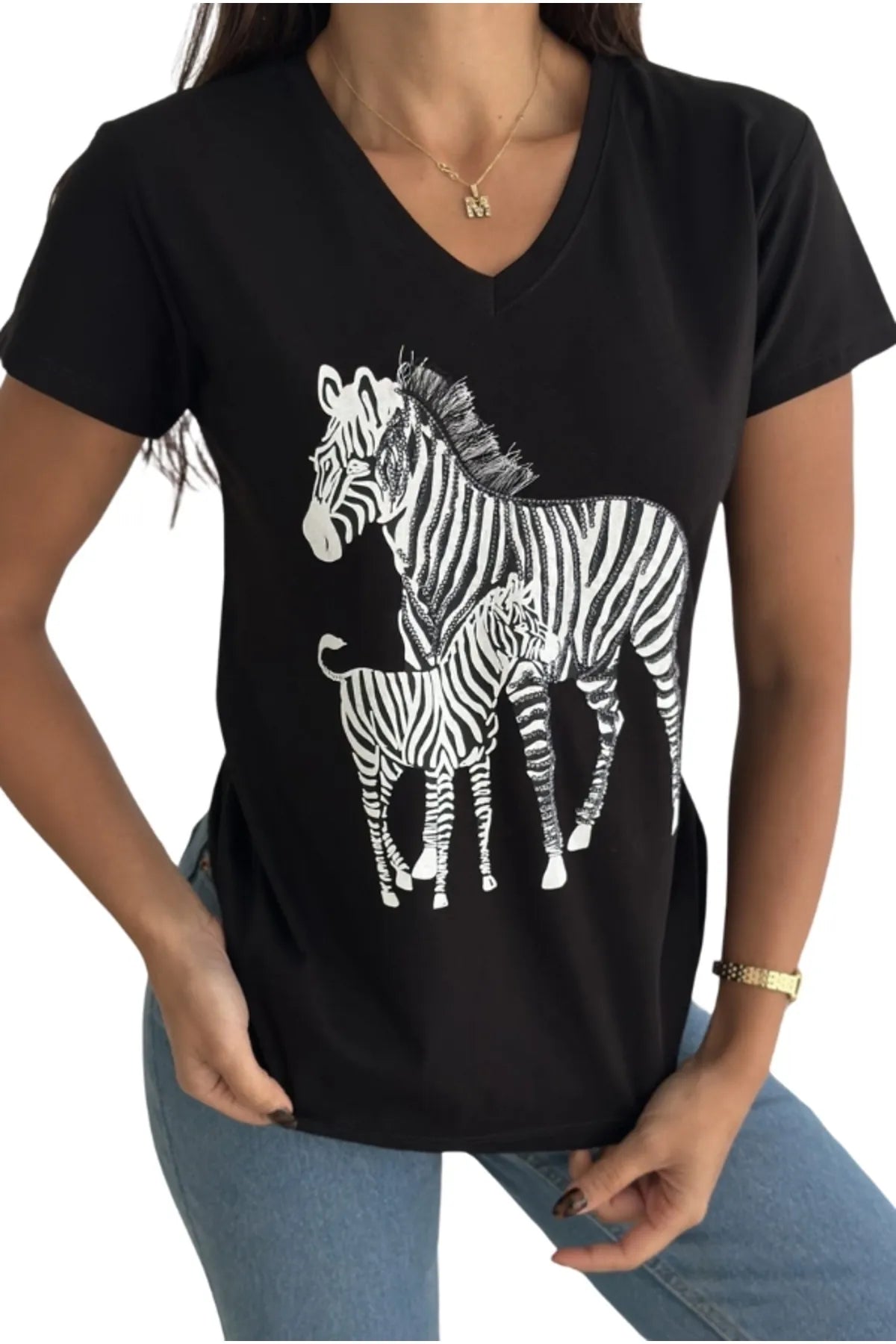 Camiseta de lentejuelas de cebra - Negra