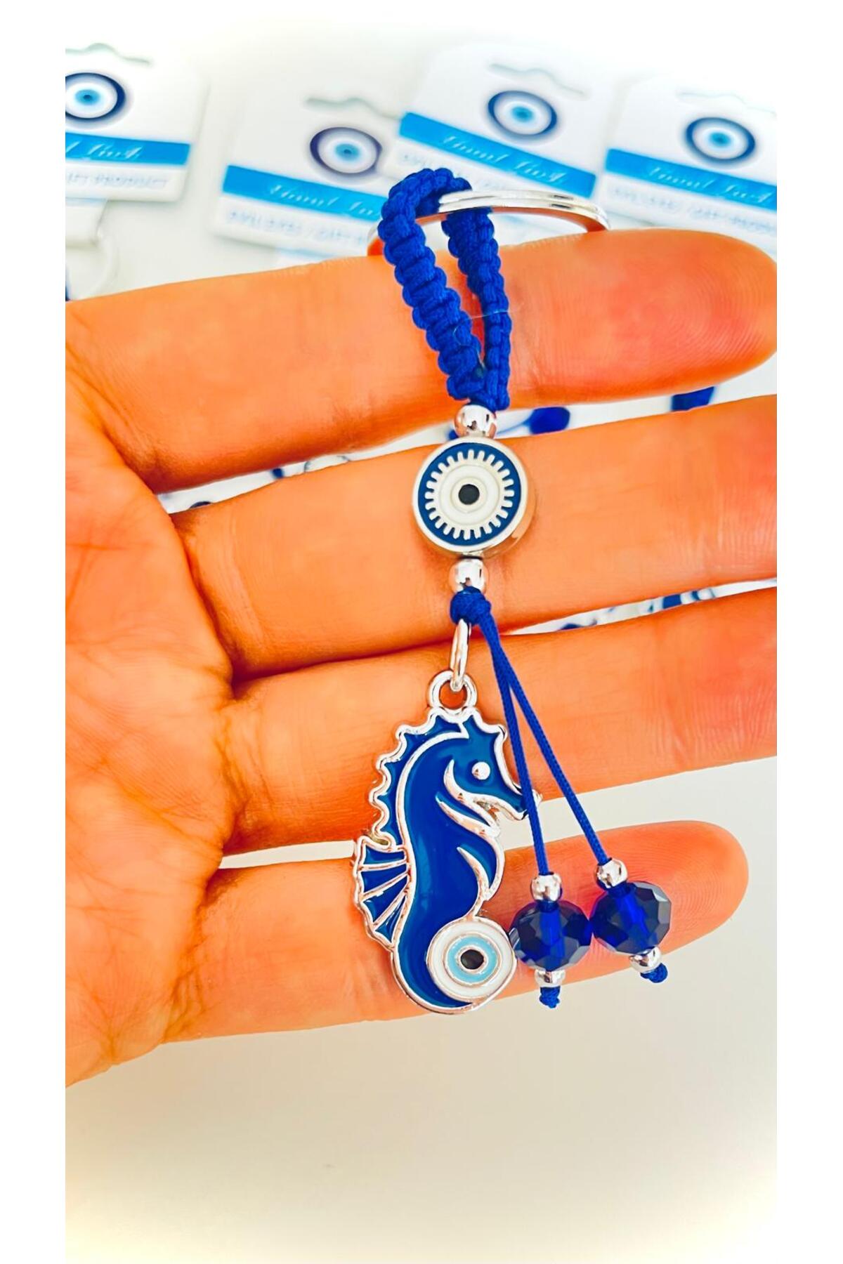 Abigail Silver-Plated Evil Eye Keychain - Navy Seahorse