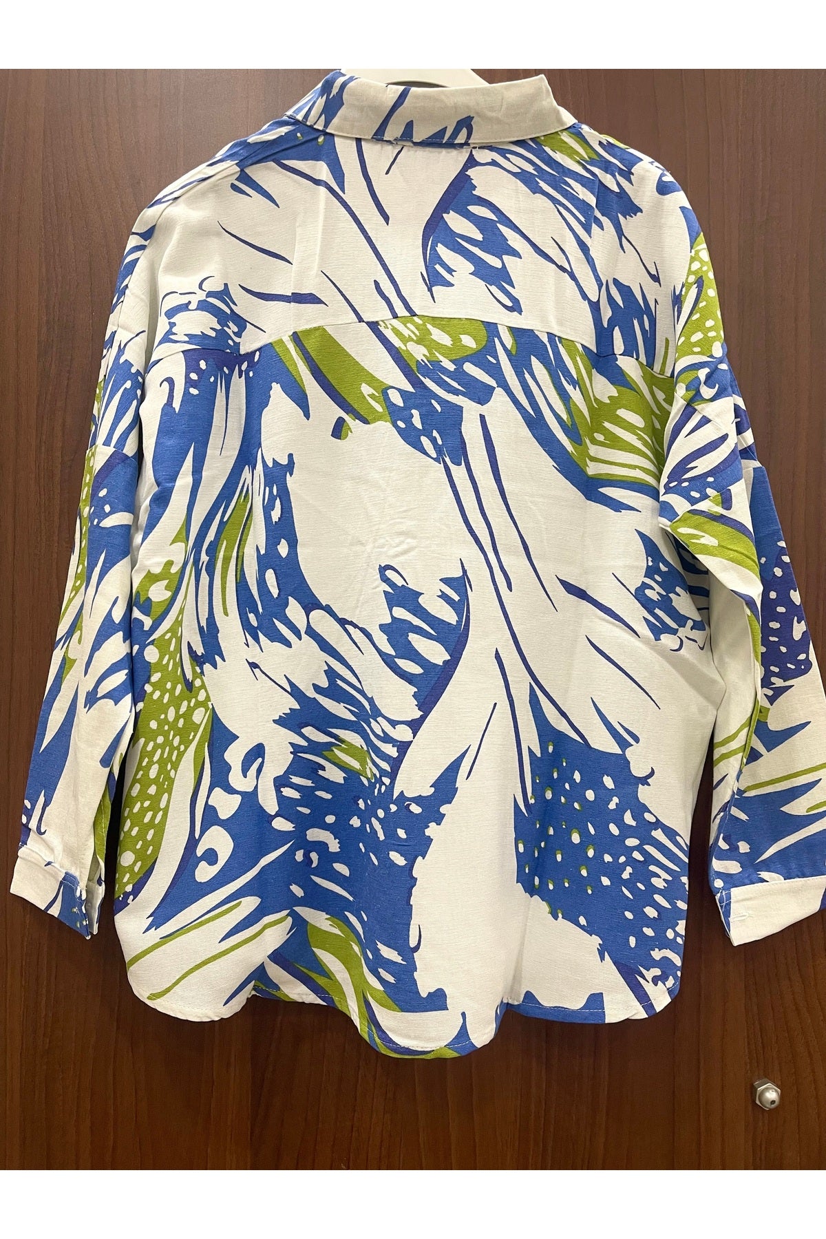 Emilia Women's Linen Blend Oversized Printed Shirt - White and Blue Green