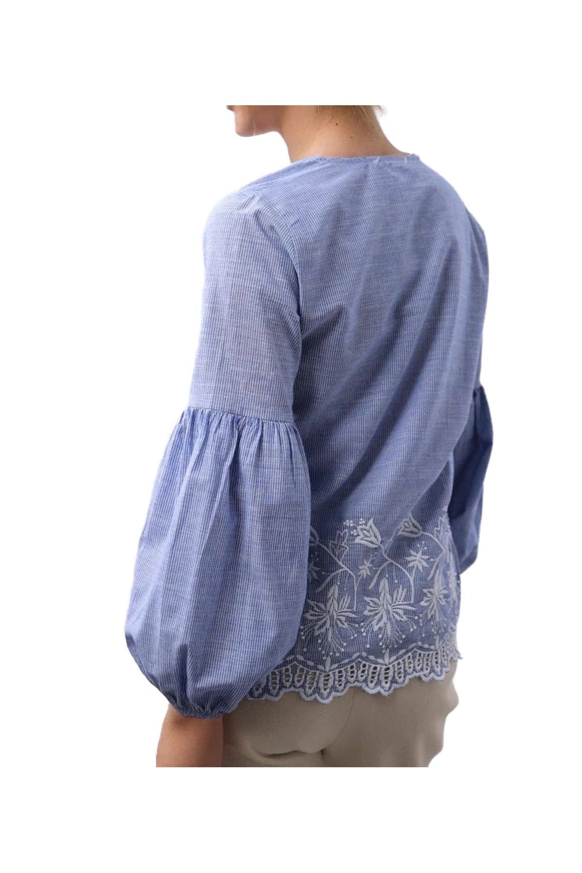 Deborah Women's Cotton Striped Embroidered Button-Up Blouse - Blue