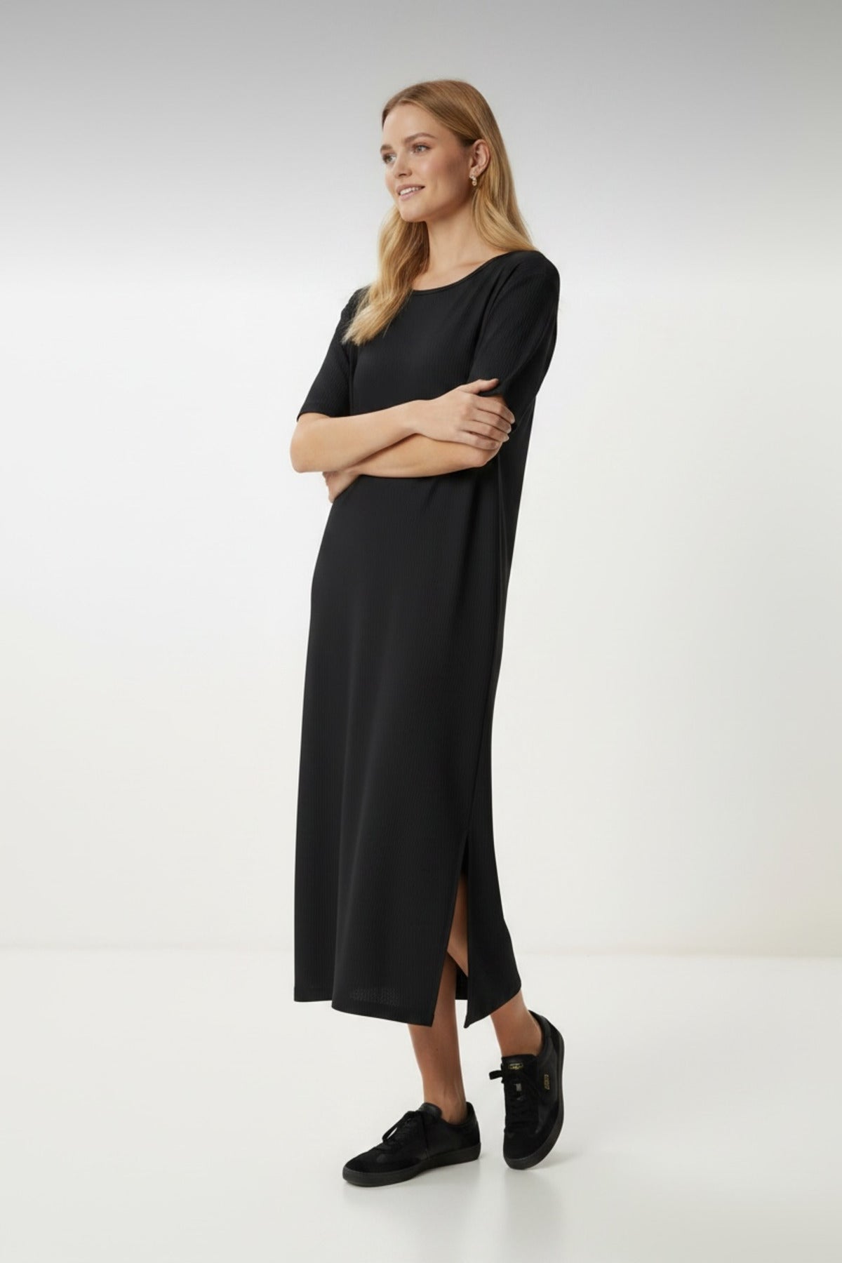 Lucille Women's Half Sleeve Knit Maxi Dress with Slit - Black