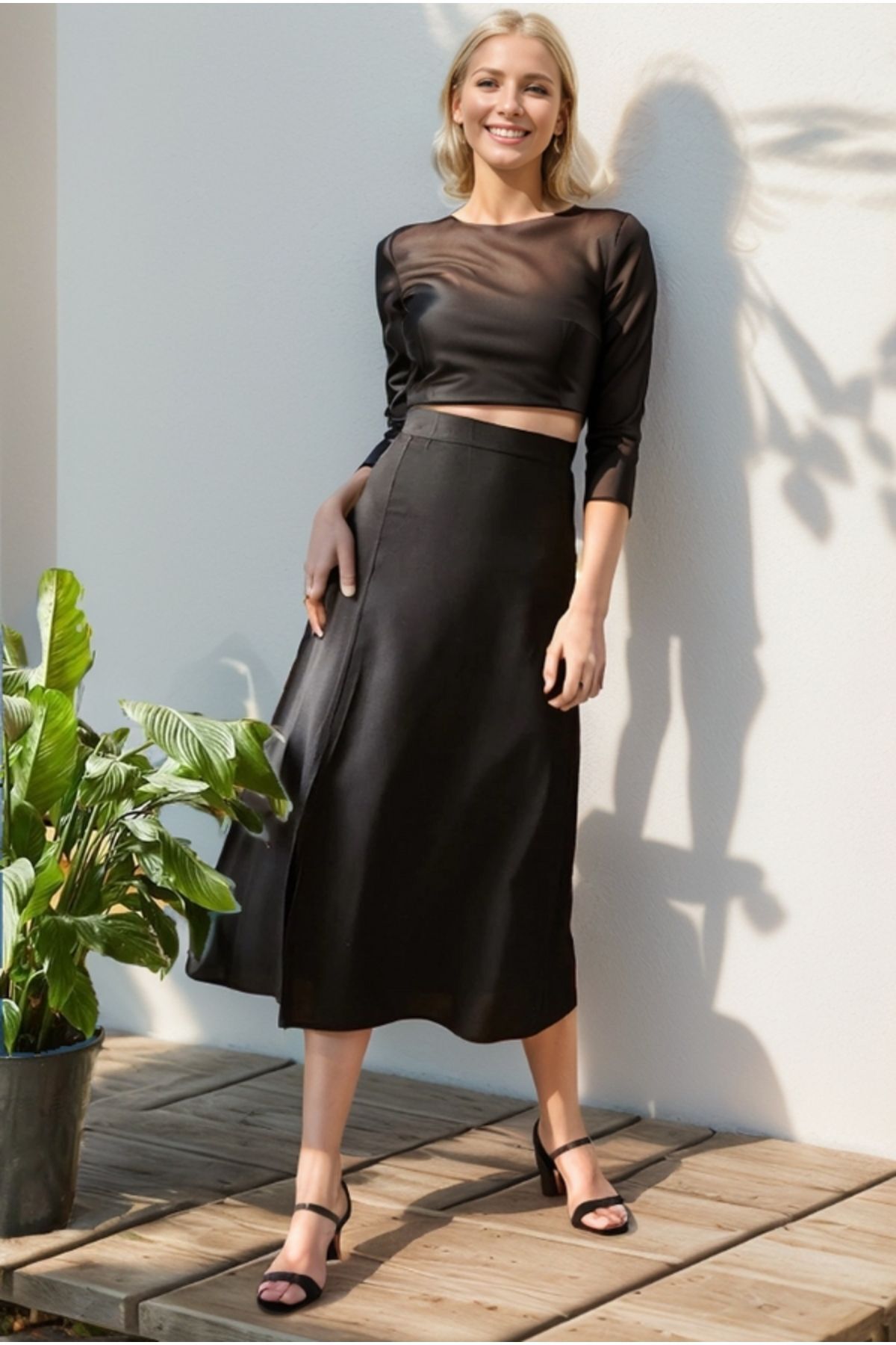 Genevieve Women's Viscose Midi Skirt with Side Slit - Solid Black