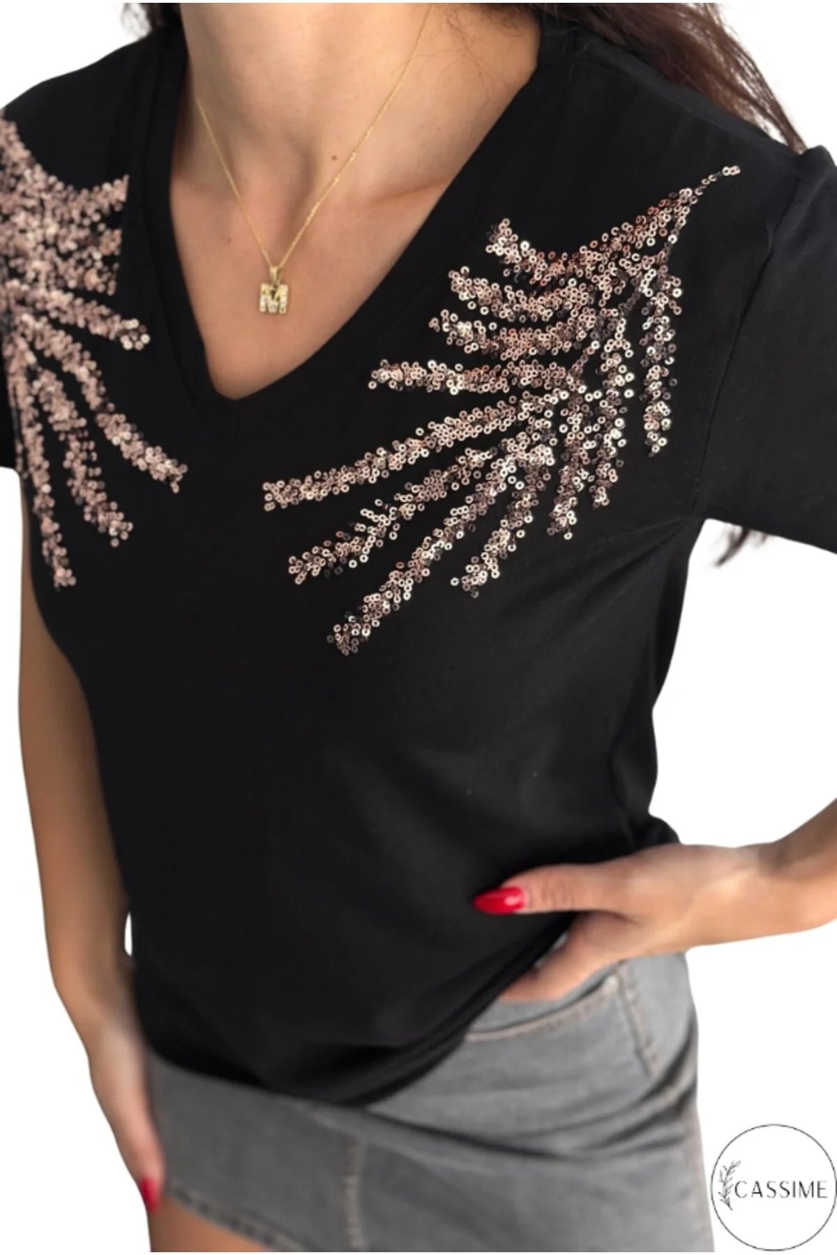 Tilda Black Shoulder Detail Leaf Design Cotton T-Shirt