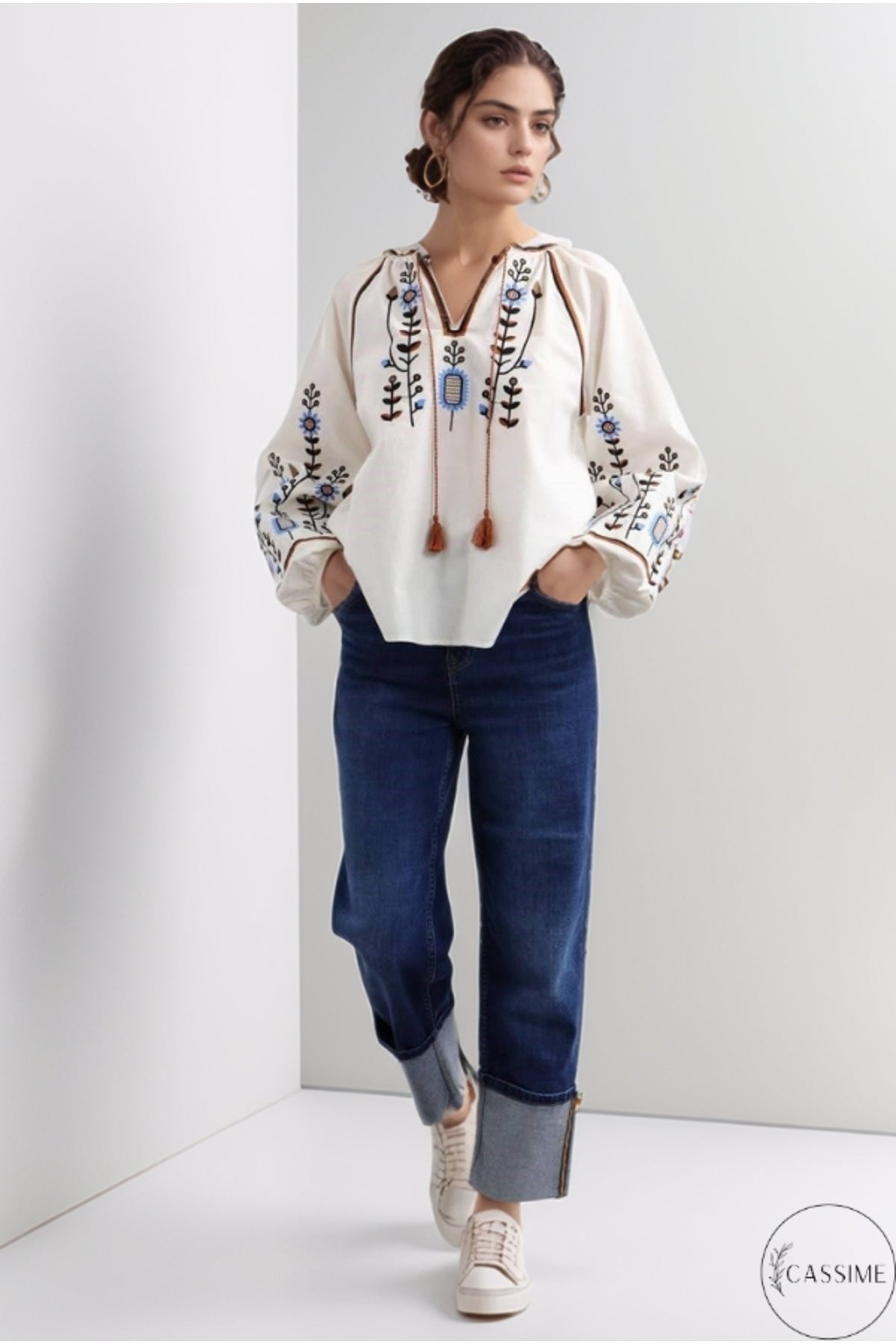 Frances Women's Cotton Embroidered Long Sleeve Blouse - White