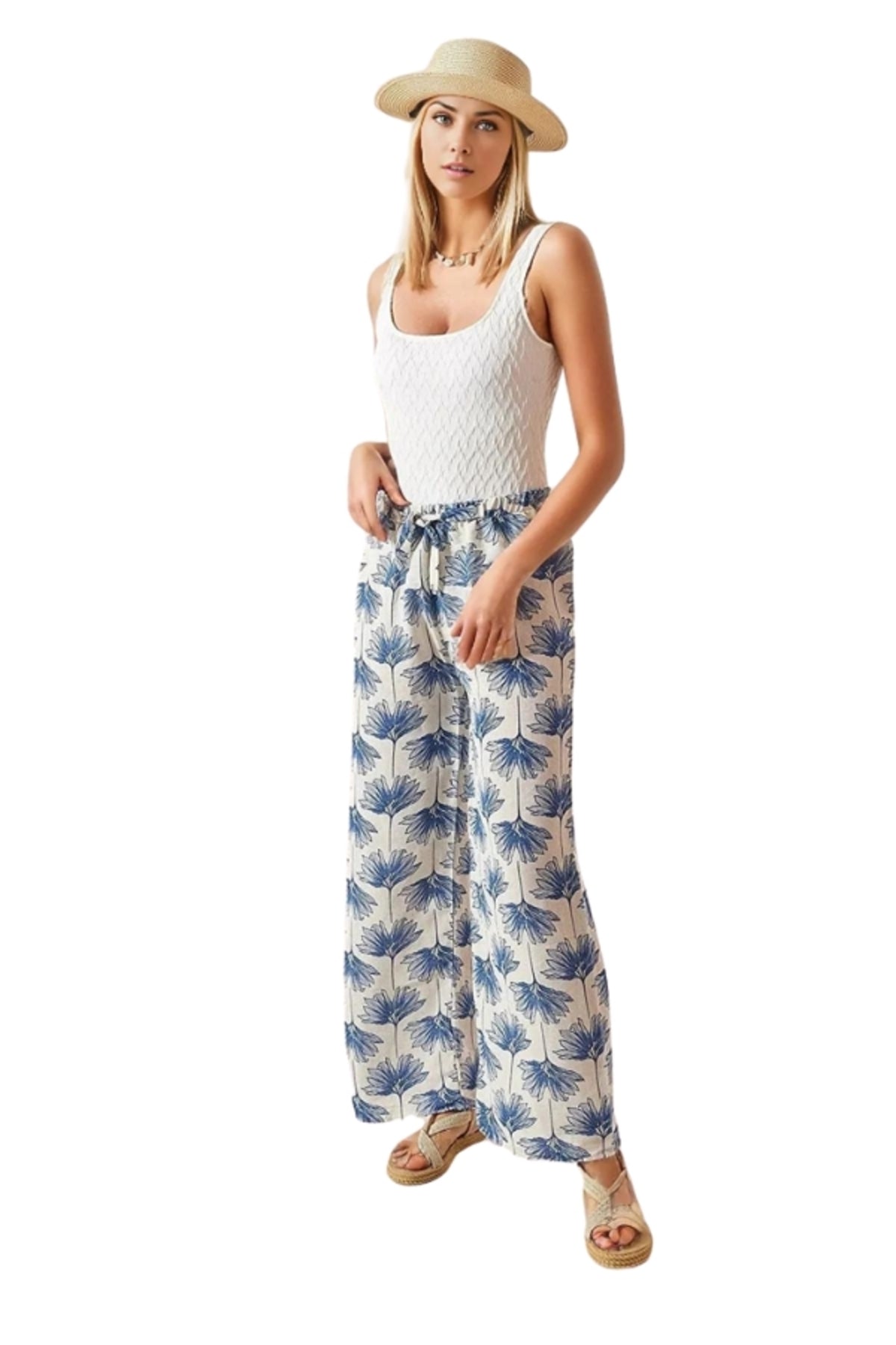 Lucy Women's Linen Blend Wide Leg Palazzo Pants - Cream with Blue Floral Print