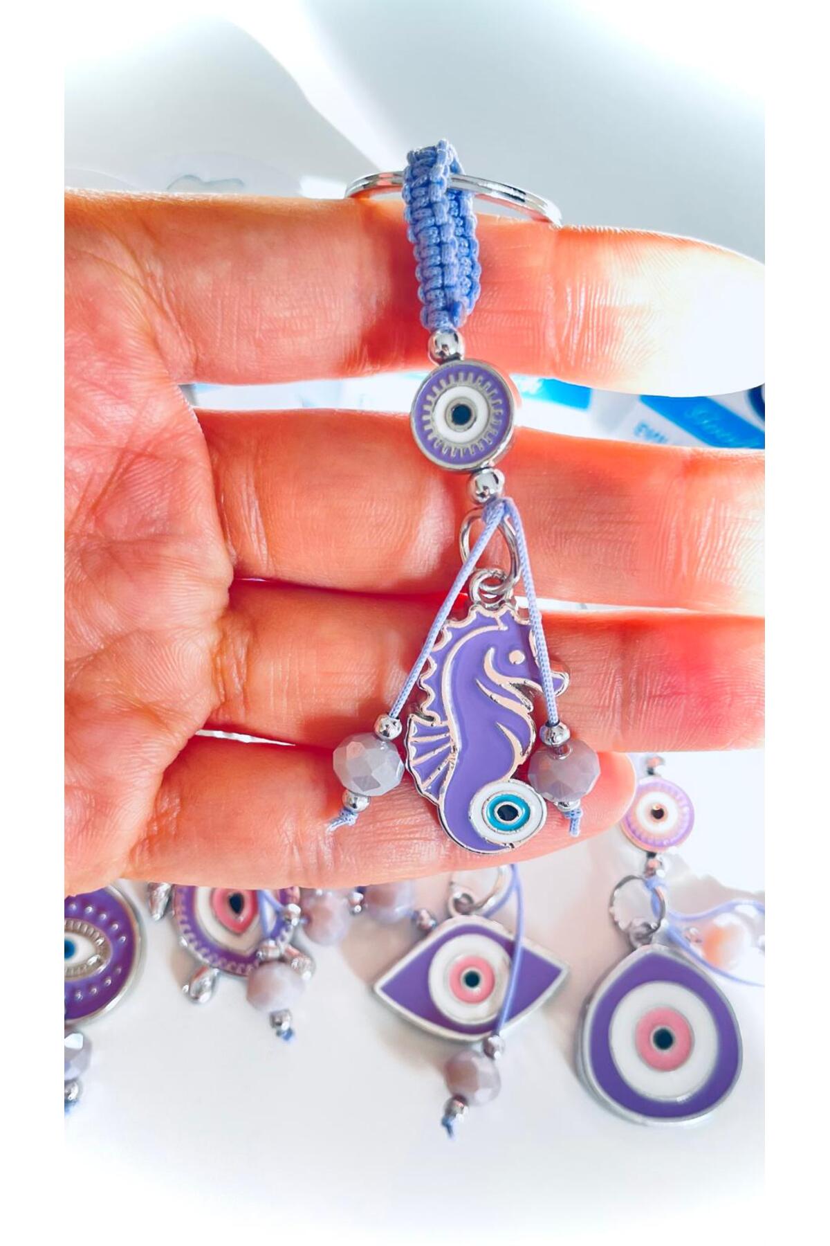 Abigail Silver-Plated Evil Eye Keychain - Lilac Seahorse