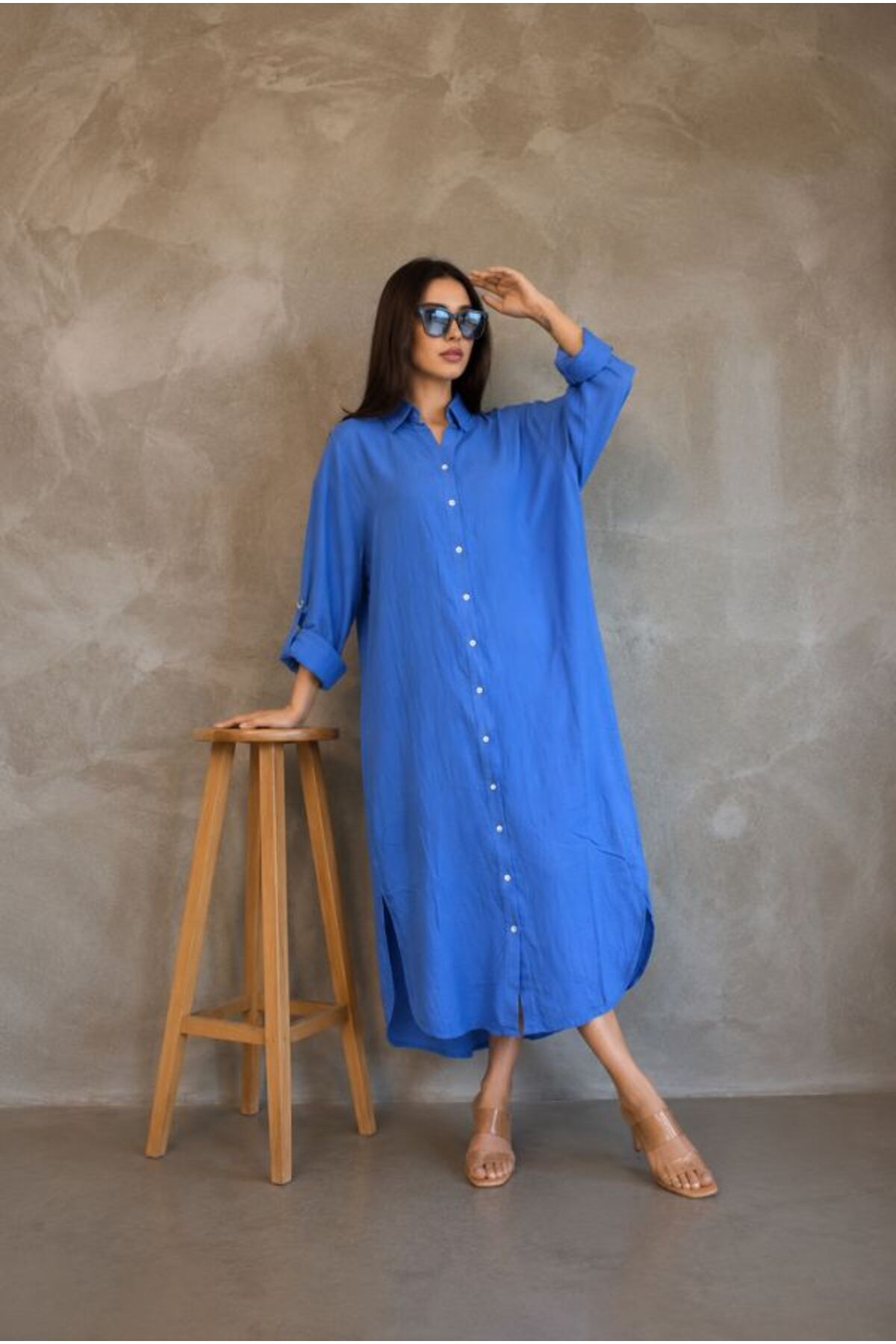 Hazel Women's Oversized Muslin Shirt Dress - Dark Blue Muslin