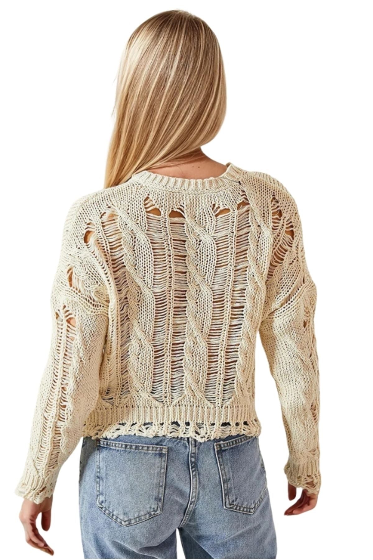 Celeste Women's Long Sleeve Openwork Knit Sweater - Beige