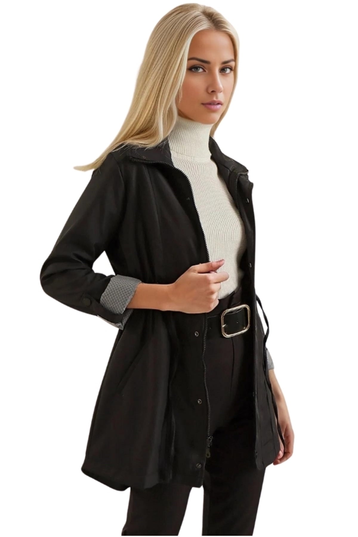 Serena Women's Drawstring Waist Trench Coat - Black